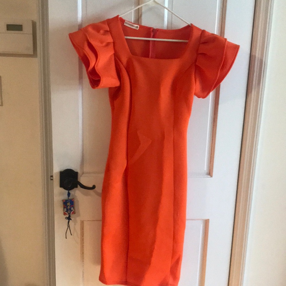 Vibrant Orange Midi Dress with Ruffled Sleeves